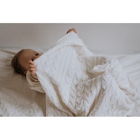 Kocyk warkocz ze 100% wełny merino cream - premium collection