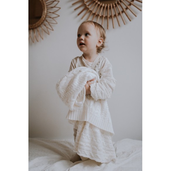 Kocyk warkocz ze 100% wełny merino cream - premium collection