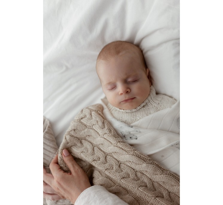 Kocyk warkocz ze 100% wełny merino warm beige - premium collection