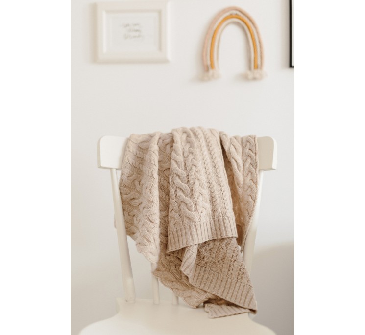 Kocyk warkocz ze 100% wełny merino warm beige - premium collection