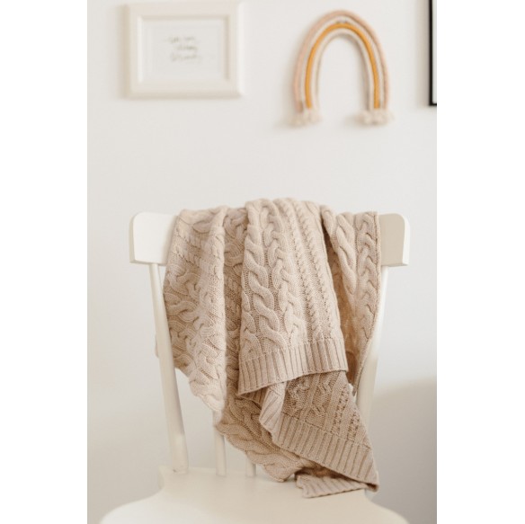 Kocyk warkocz ze 100% wełny merino warm beige - premium collection