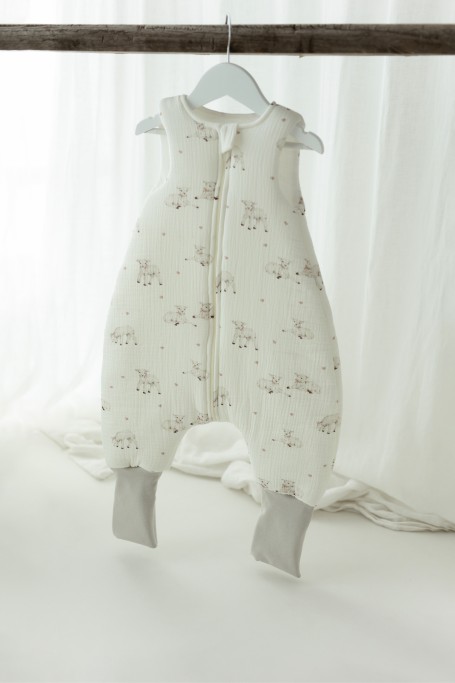 Organic cotton muslin baby sleeping bag with legs 1 - 3 years 2.5 TOG - little sheeps - MY MEMI