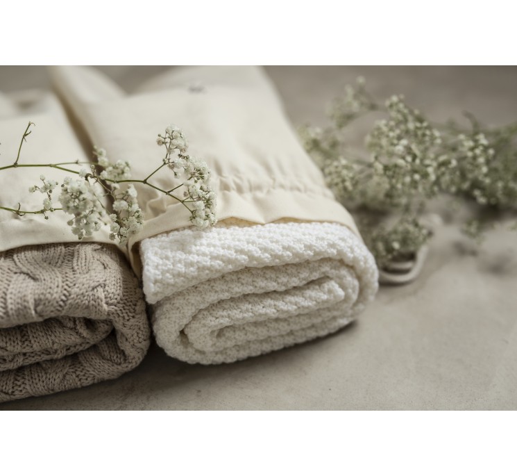 Kocyk ze 100% wełny merino warm beige Floral - premium collection - MY MEMI