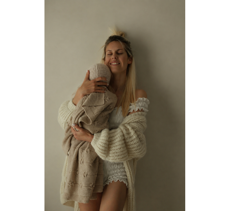 Kocyk ze 100% wełny merino warm beige Floral - premium collection - MY MEMI