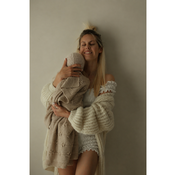 Kocyk ze 100% wełny merino warm beige Floral - premium collection - MY MEMI