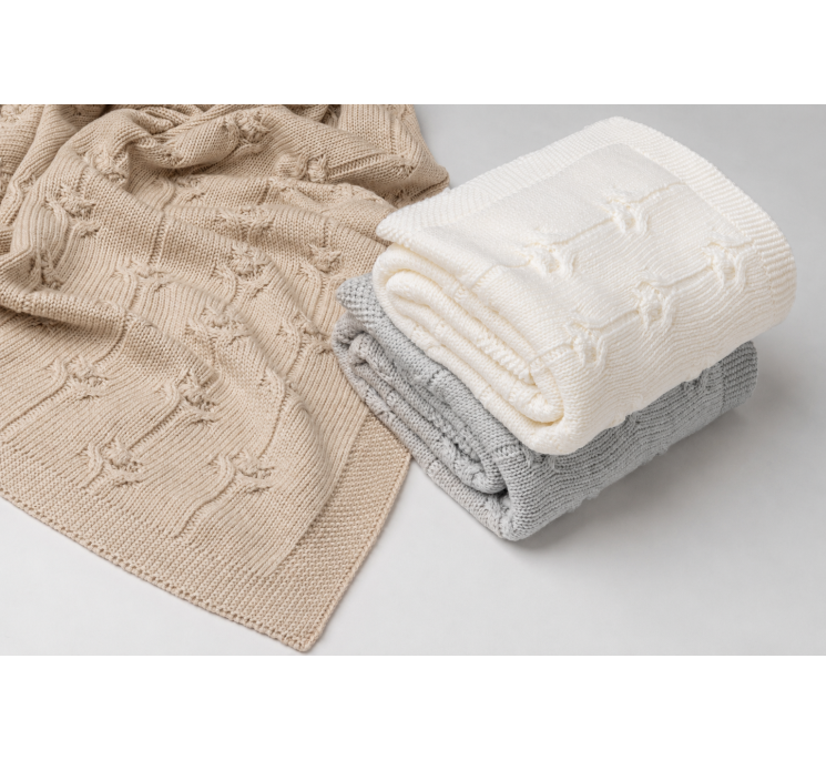 Kocyk ze 100% wełny merino warm beige Floral - premium collection - MY MEMI