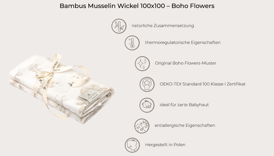 Bambus Musselin Wickel 100x100 – Boho Flowers MY MEMI