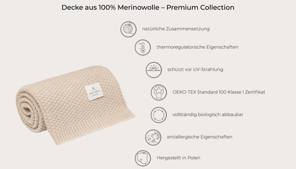 Decke aus 100% Merinowolle Powder Pink – Premium Collection MY MEMI
